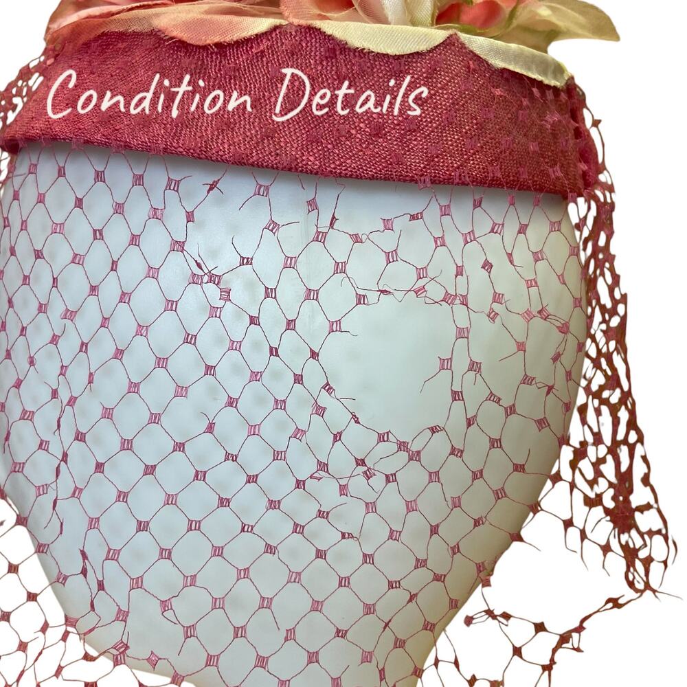 1950s Pink Floral Fascinator Hat | Vintage Veiled Cocktail Church Wedding Hat - Picture 7 of 7